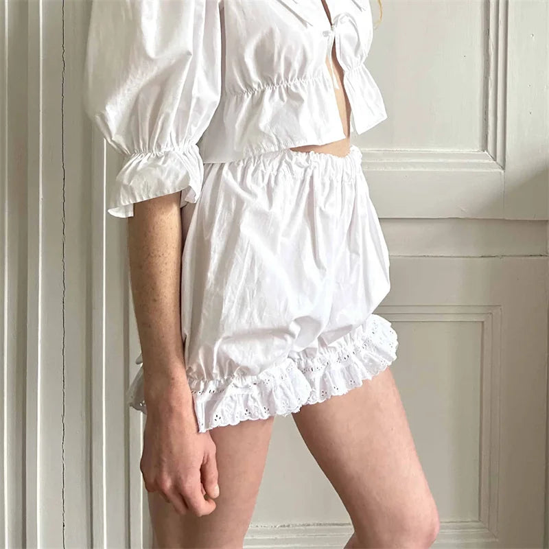 Women Shorts Summer Ladies Y2K Coquette Victorian Solid Color Bloomers Cotton Elastic High Waist Ruffle Hem Daily Party White