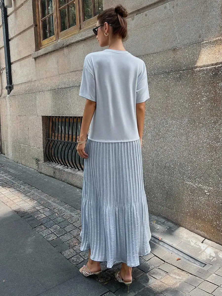 Women Pleated Maxi Dress Short Sleeve Loose Casual Summer Modest Dress