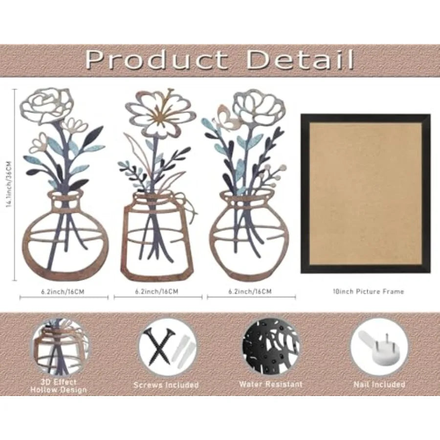 Metal-Wall-Decor Living Room - 3 Pcs Metal Bathroom Wall Art Floral Vase and Picture Frame for Decoration- Hanging Display Wall