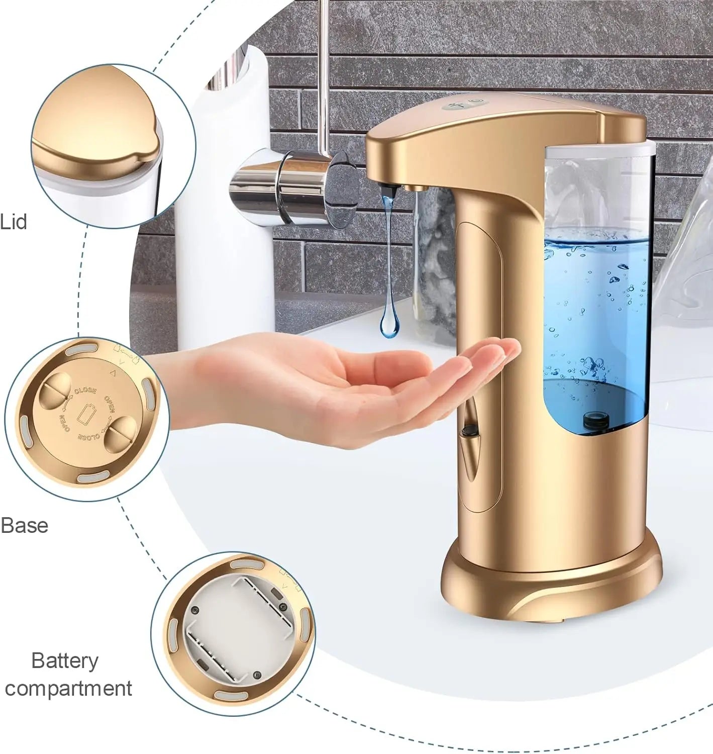 370ml Touch-Free Automatic Soap Dispenser - Adjustable Volume for Kitchen Bathroom Toilet in Golden