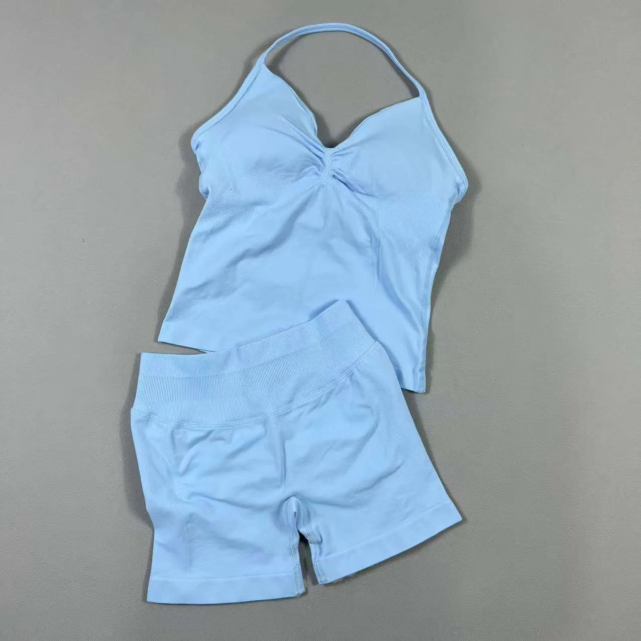 2 Piece UETEEY Sports Set Women Longline Strappy Top Seamless Yoga Tank Scrunch Butt Workout Shorts Suit Gym Sports Sets