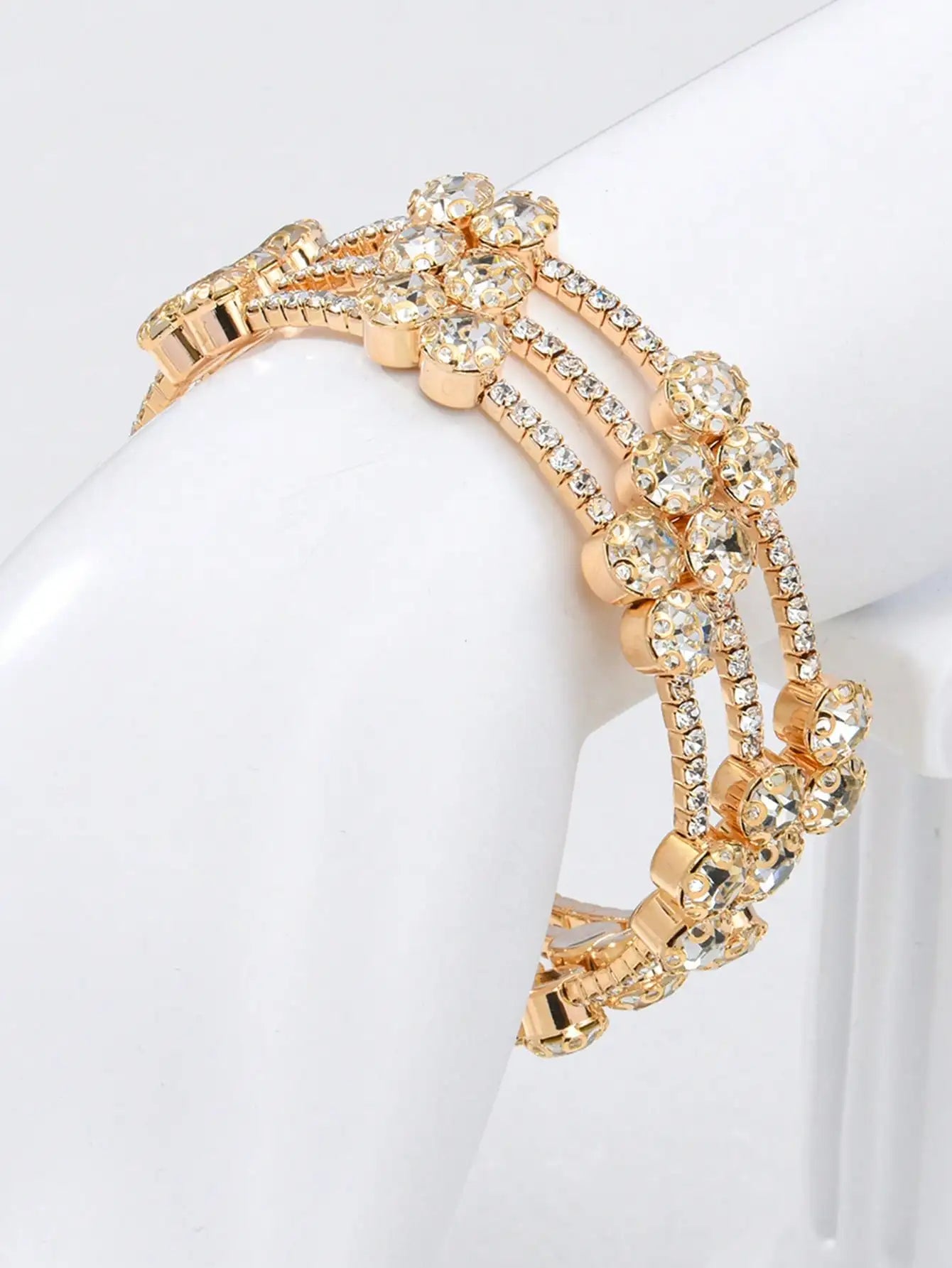 Gold Tone Multi-Row Crystal Rhinestone Stretch Bangle Bracelet