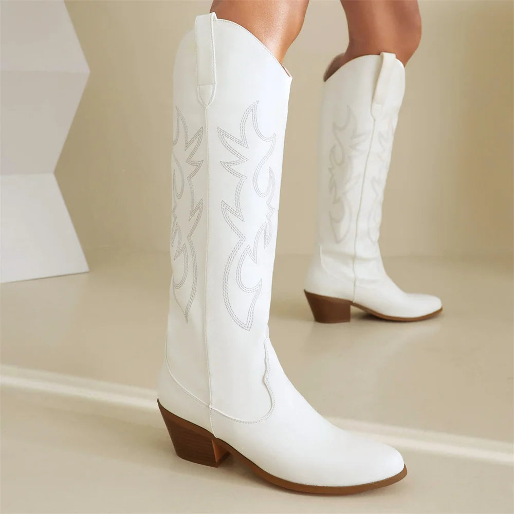 Women's Embroidered Western Cowboy Boots Block Chunky Heels Pointed Toe Pull-On Retro Classic Knee High Cowgirl Boots Woman
