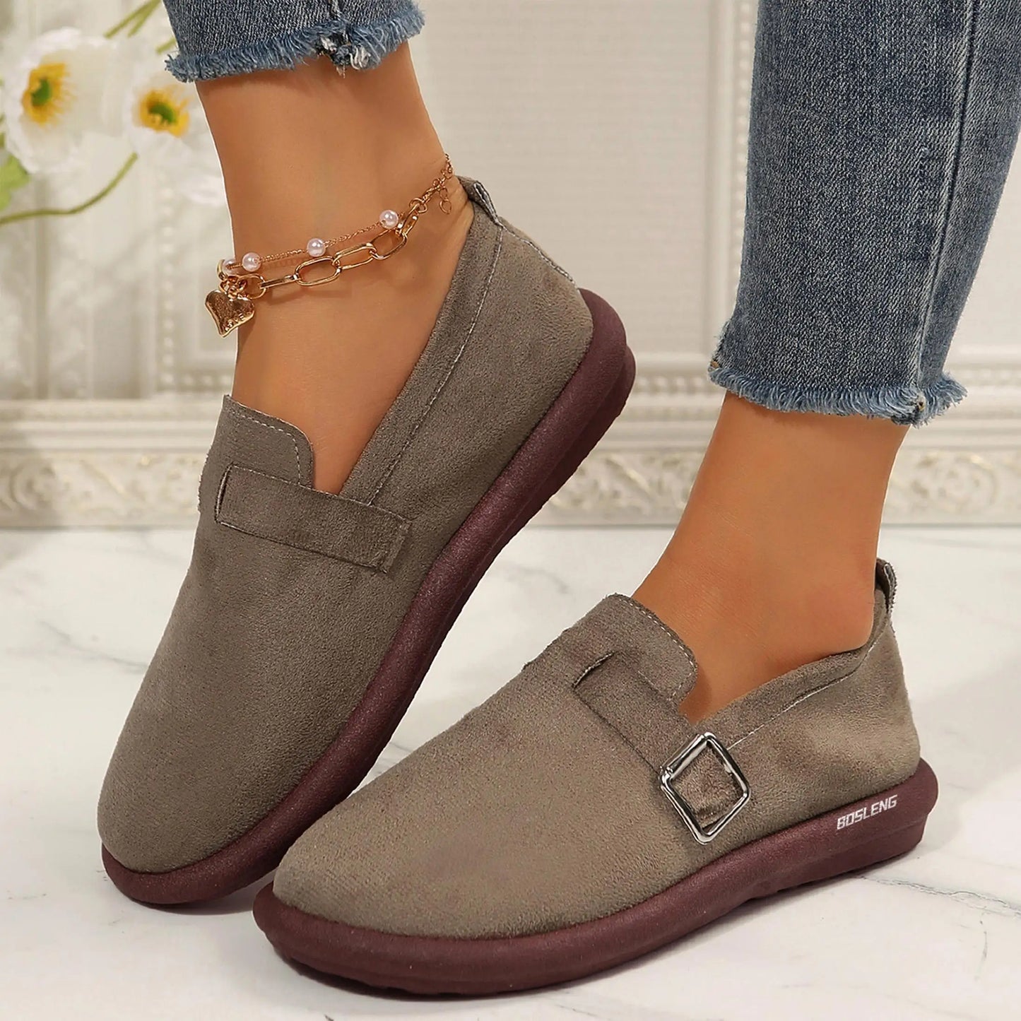 Suede Buckle Loafers for Women Versatile Slip-On Flats with Durable Rubber Sole Walking Shoes