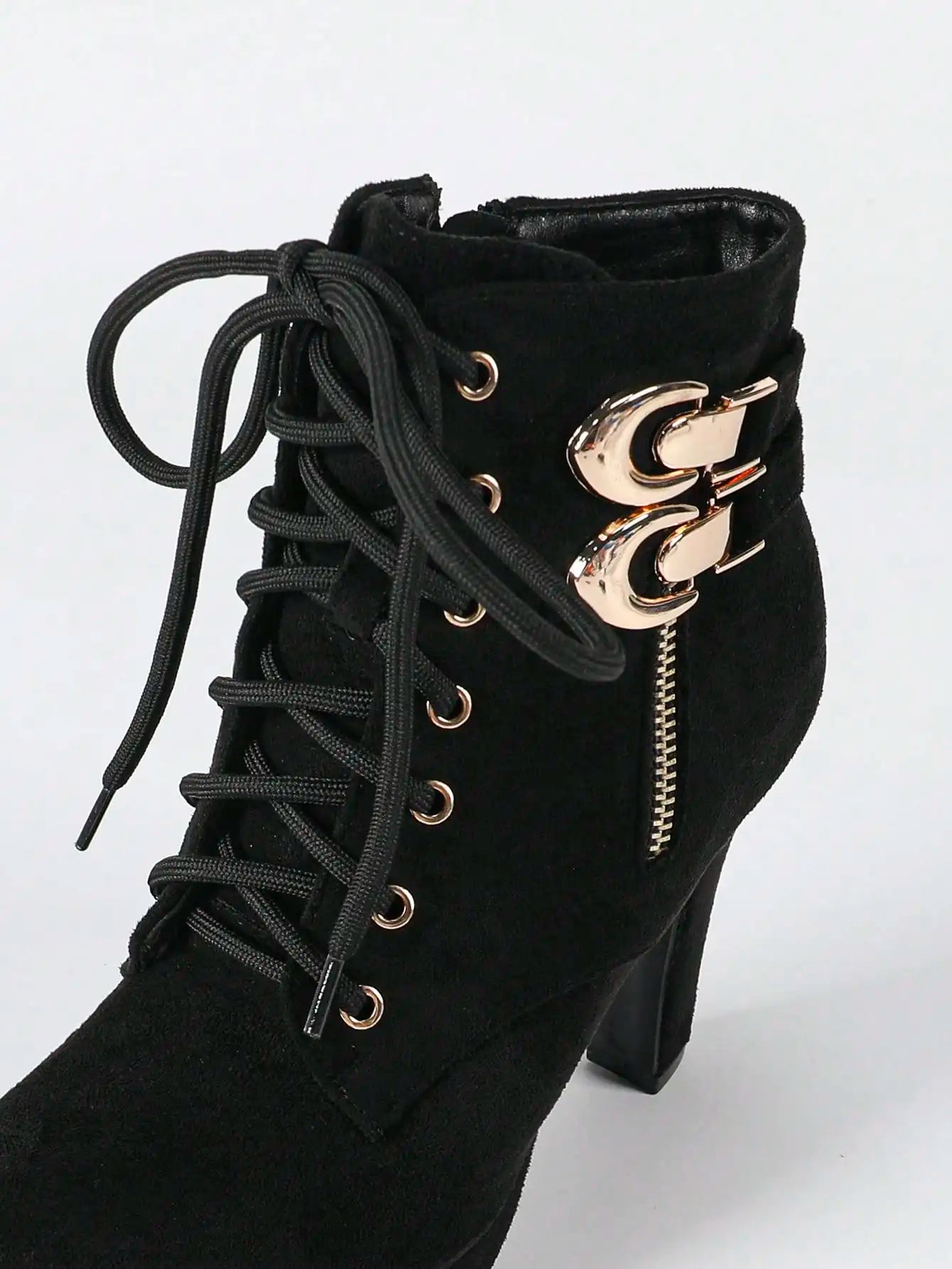 Women's Black Suede Platform Ankle Boots, Lace-Up Chunky High Heel Booties with Metal Buckle, Side Zipper