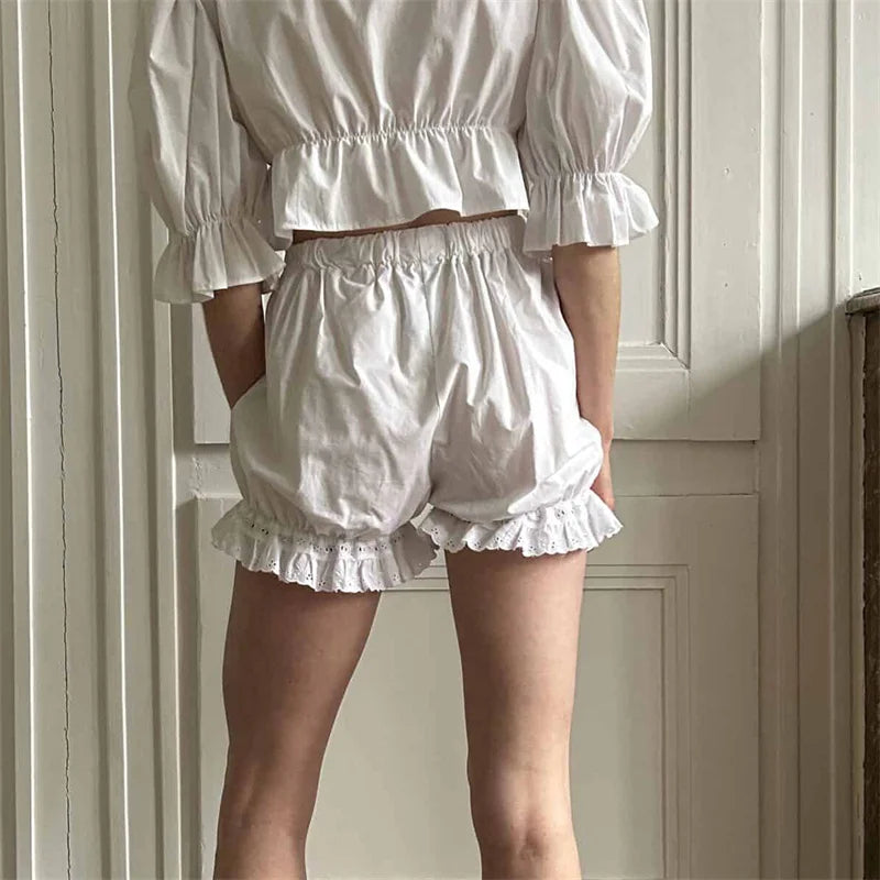 Women Shorts Summer Ladies Y2K Coquette Victorian Solid Color Bloomers Cotton Elastic High Waist Ruffle Hem Daily Party White