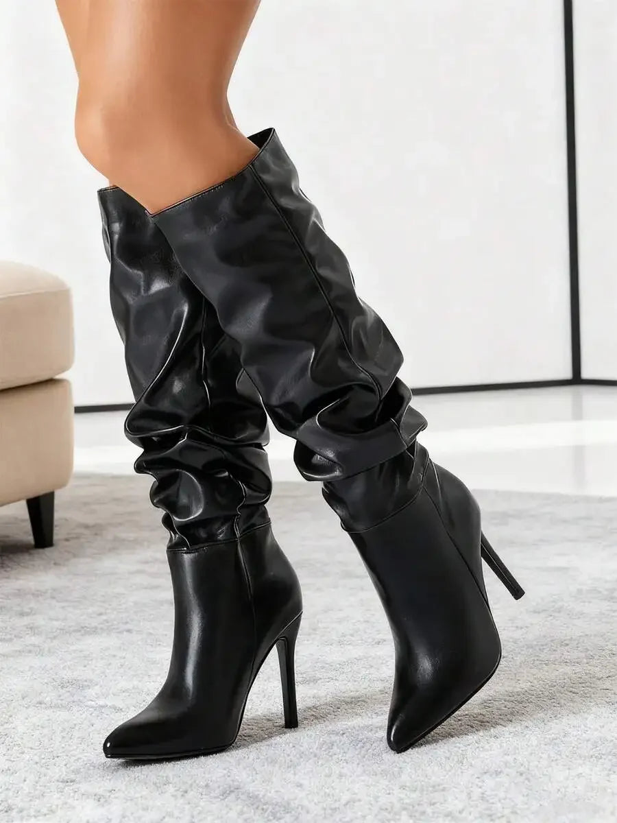 Womens Black Pleated Knee-High Pointed Toe High Heel Boots