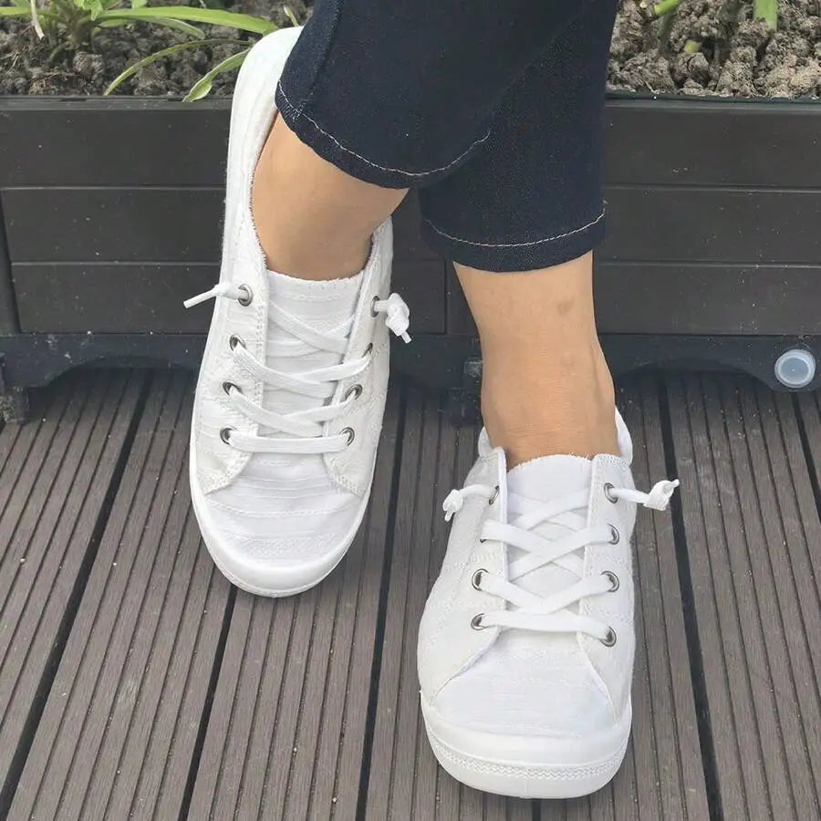 Womens White Lace-Up Flat Canvas Shoes Comfortable Casual Sneakers Spring Summer