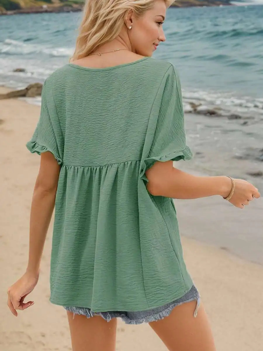 Womens V-Neck Pleated Ruffle Sleeve Casual Beach Shirt