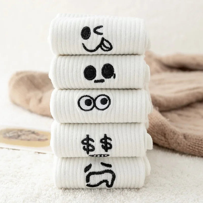 3/ 5 Pairs Women's Cartoon Socks Autumn Girls Cute Funny Expression Pattern Mid Tube Kawaii Casual Breathabl White Female Socks