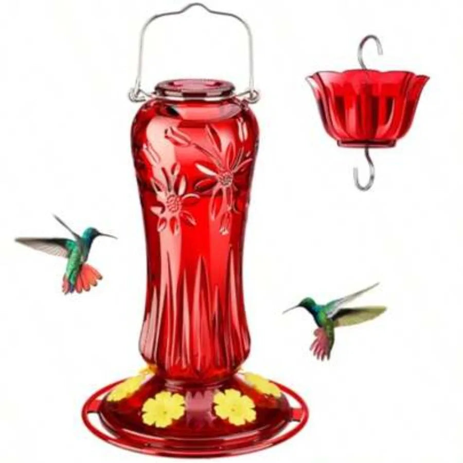Hummingbird Feeder For Outdoors Hanging 25 Ounces Glass Humming Bird Nectar Feeder With Ant Moat And 6 Feeding Ports Leak Proof