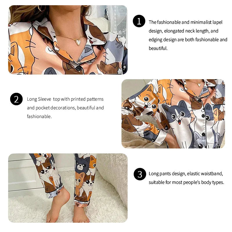 Satin Cute Cat Print Pajama Set | Long Sleeve Lapel Top & Pants Luxury Women Fall Sleepwear