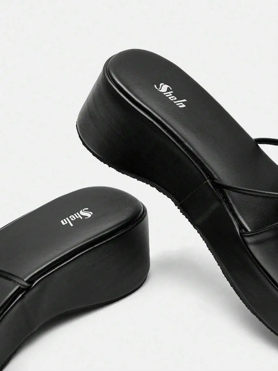 Elegant Black Wedge Slide Women, Flower Decor Sandals Vacation Summer Back To School College Student Shoes Spring
