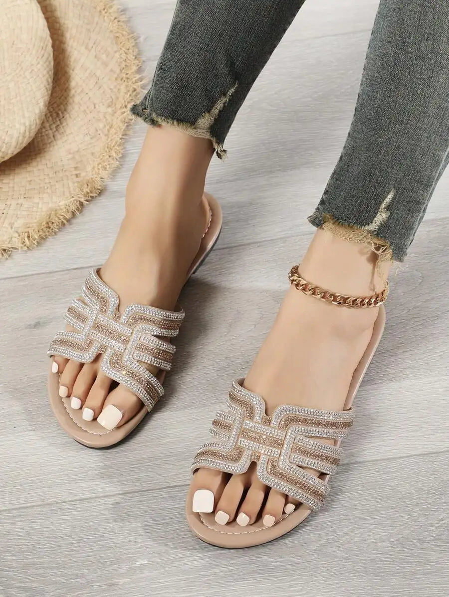 H-Style Rhinestone Embellished Flat Sandals For Women Casual Party Elegant
