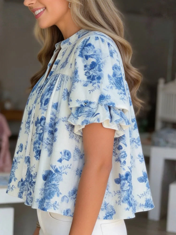 2026 New Style Women's Printed Shirt, V-neck with Double Pleated Sleeves, Lightweight Textured Fabric, Half-Buttoned, Retro Blue Rose Floral, Loose-Fitting, Flowy Short Sleeve Top, US Size, US Warehouse, Fast Shipping, Spring