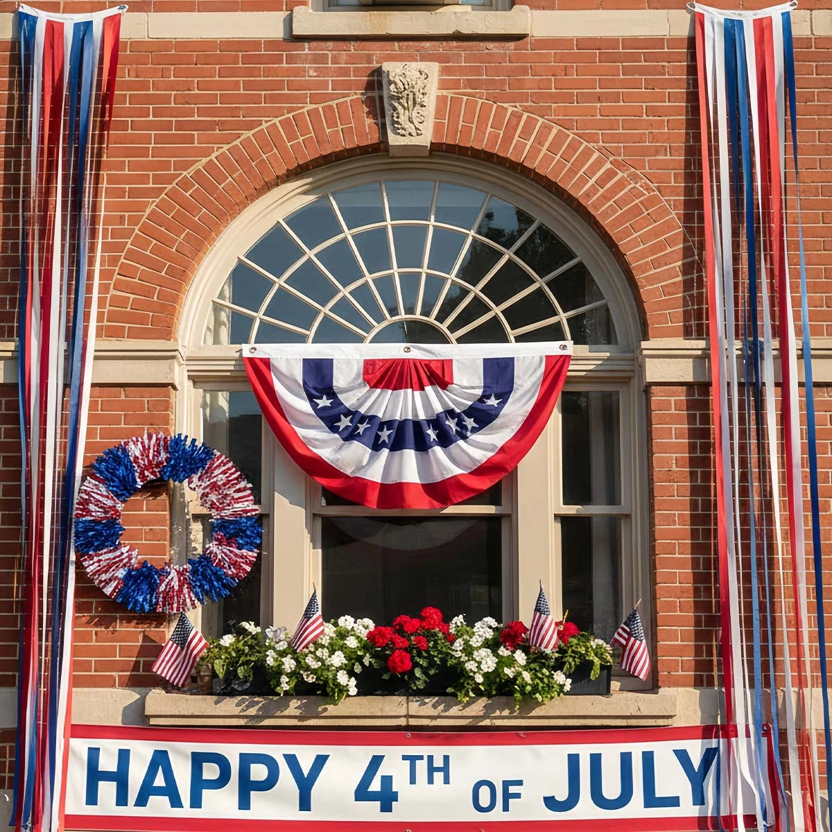 2pcs USA Pleated Half Fan Bunting Flags, 35x17.7" Heavy Duty American Flag for July 4th, Outdoor Porch Railing & Memorial Day