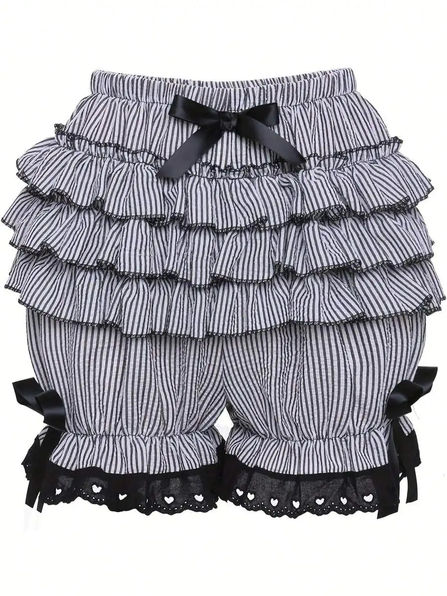 Womens Striped Ruffle Bloomers Shorts With Lace Trim And Bowknot Elastic Waist Summer Casual
