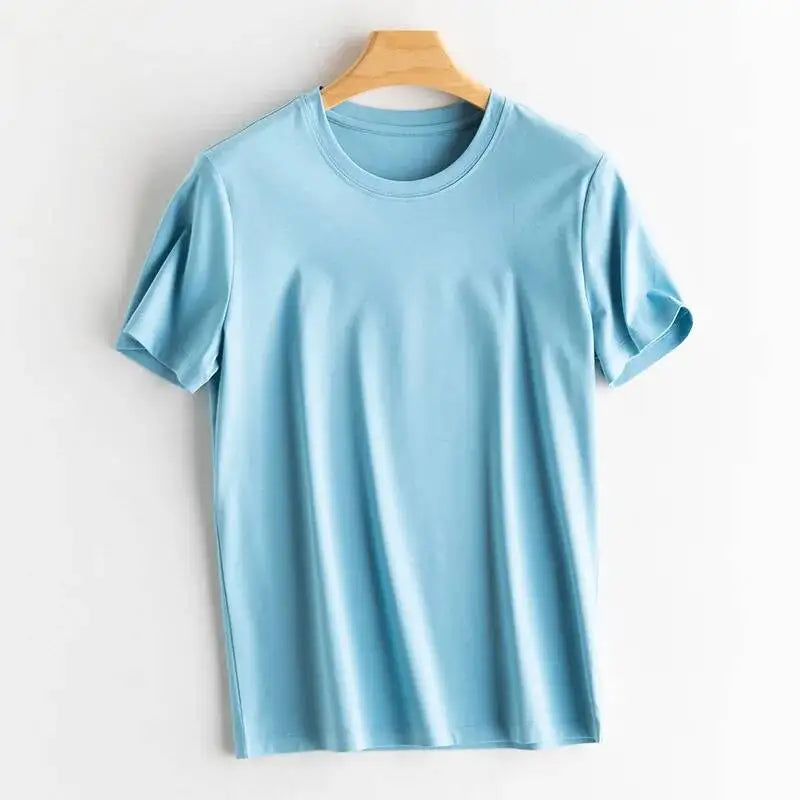 Summer 6% Mulberry Silk Cotton T-shirts Women Loose Round Neck Short Sleeve Luxury Tee Solid Color Basic Tops