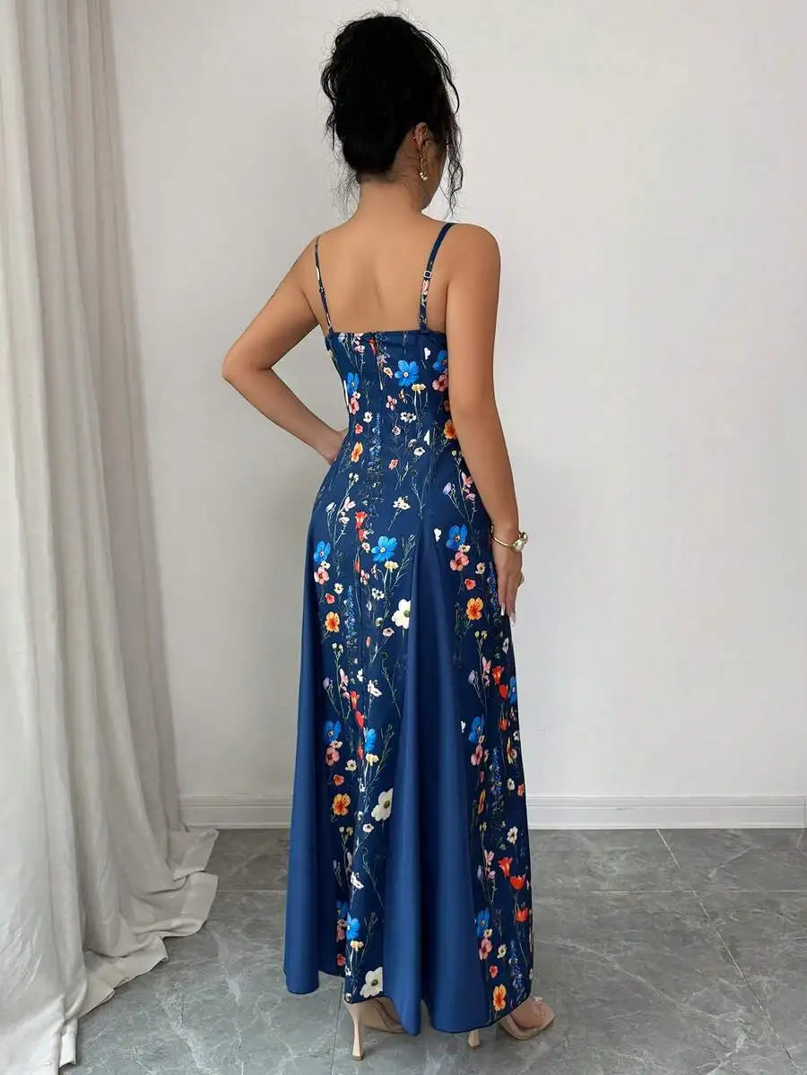 Womens V-Neck Floral Print Sleeveless Long Sundress Blue Casual Maxi Dress