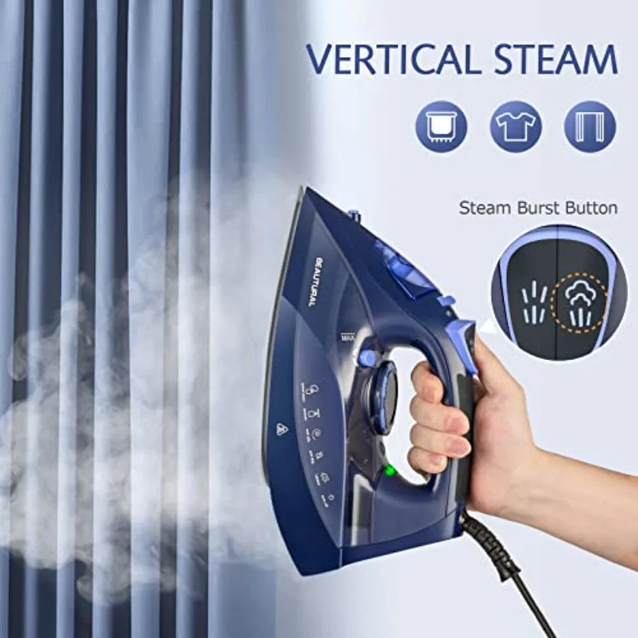 Steam Iron for Clothes with Precision Thermostat Dial, Ceramic Coated Soleplate, 3-Way Auto-Off, Self-Cleaning, Anti-Calcium, A