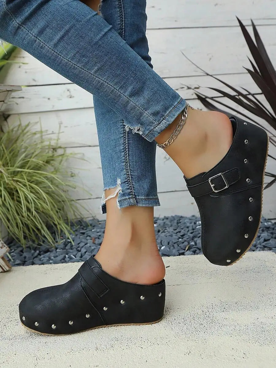 Retro Distressed Matte Leather Studded Mules Slip-On Shoes With Buckle Strap