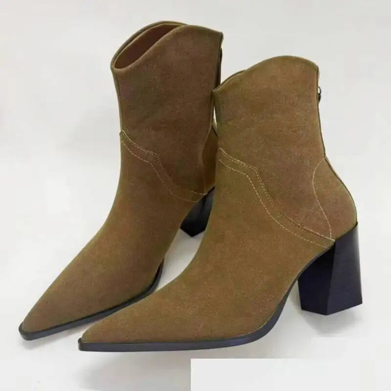 2026 Suede Leather Women's Pointed Toe Zippered Western Cowboy For Women Ankle Bootsblock Heel Work Boots Female Shoes