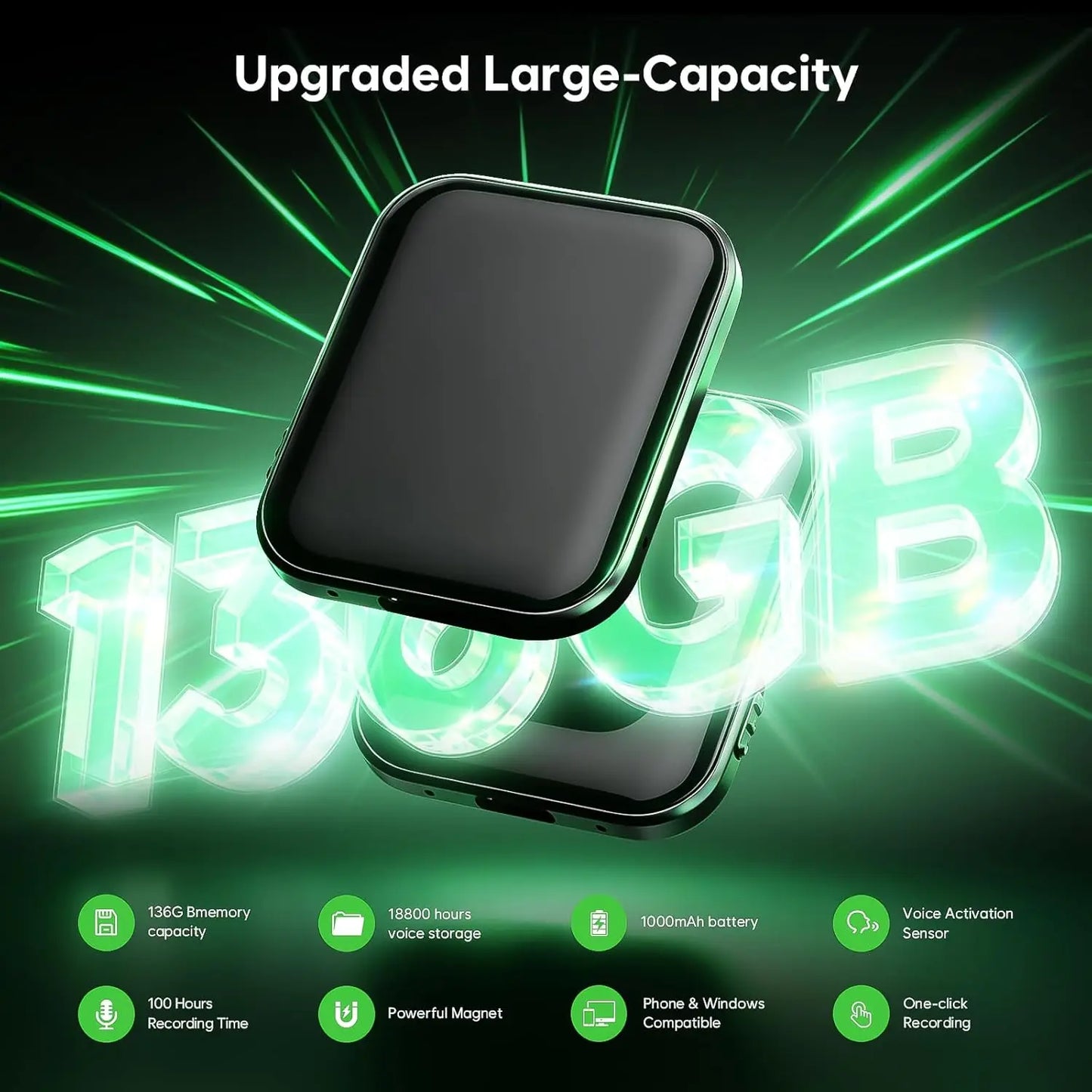 136GB Voice Recorder, 18800H Storage, AI Noise Reduction, 100H Battery, USB-C, Magnetic