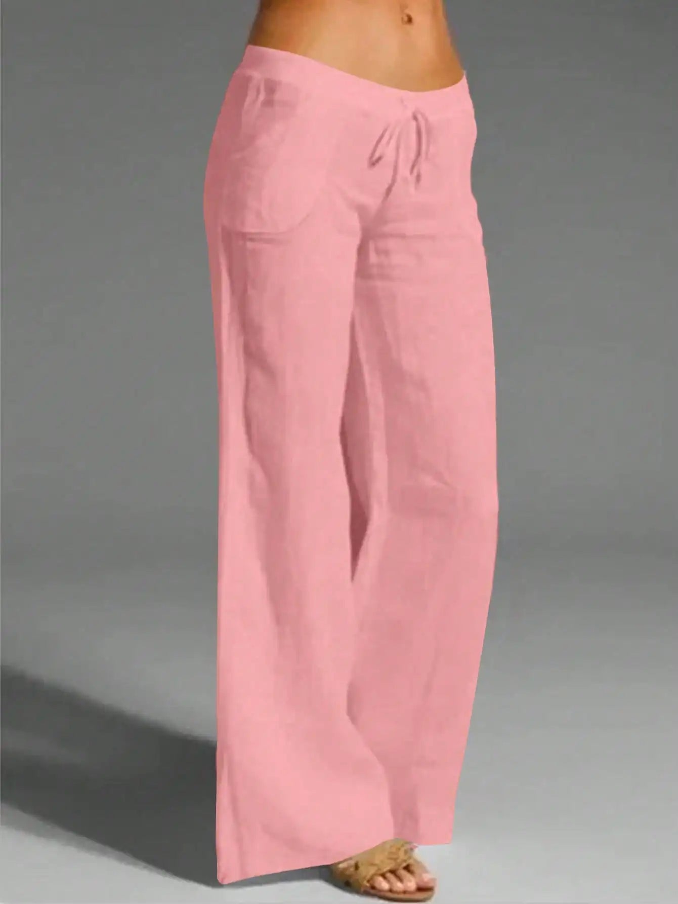 Casual Solid Drawstring Waist Wide Leg Pants For Women