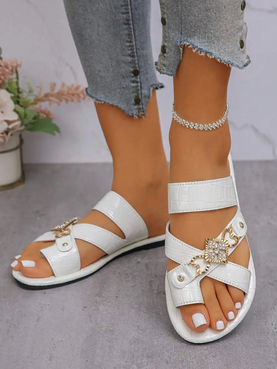 Womens White Flat Sandals With Crystal Buckle Strap Casual Beach  Shoes