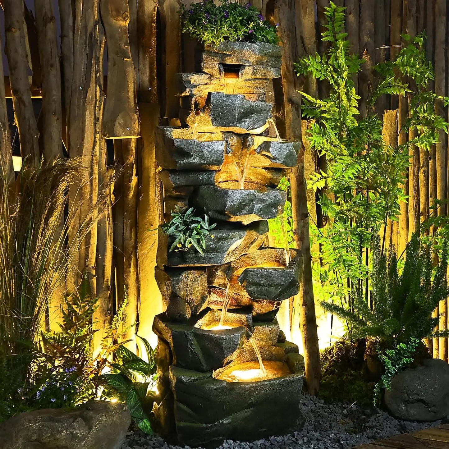 40in 5-Tier Tree Trunk Outdoor Water Fountain LED Garden Patio Backyard Decor, Customized