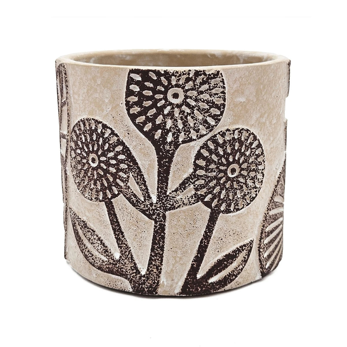 Set of 4 4.3x4.3x4" Gray Sand and Cement Planters with Brown Botanical Motifs On-Site