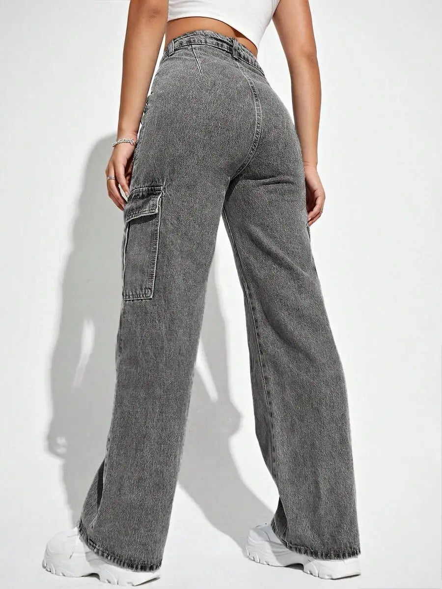 High Waist Flap Pocket Cargo Jeans Y2k Style Wide Leg Denim Pants