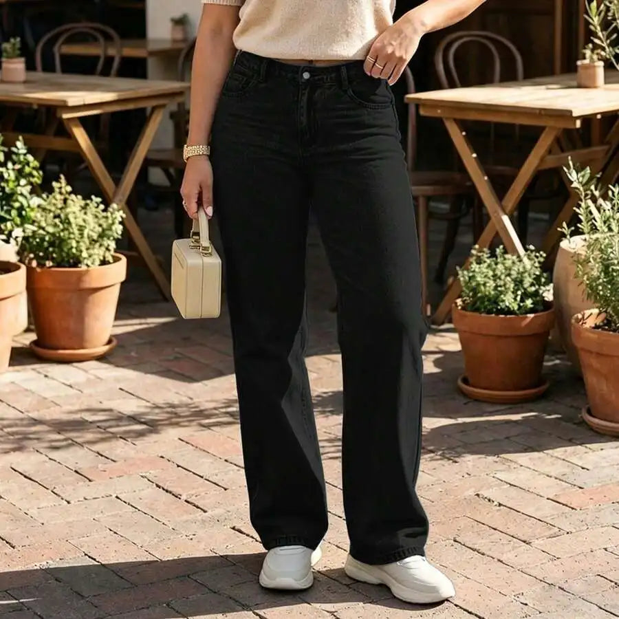 Womens Mid Rise Straight Leg Black Denim Jeans, Casual Loose Fit Trousers