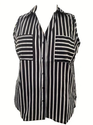 European and American plus size women's black and white vertical striped sleeveless shirt with lapel and double pockets, single-breasted loose curved hem commuting vest shirt