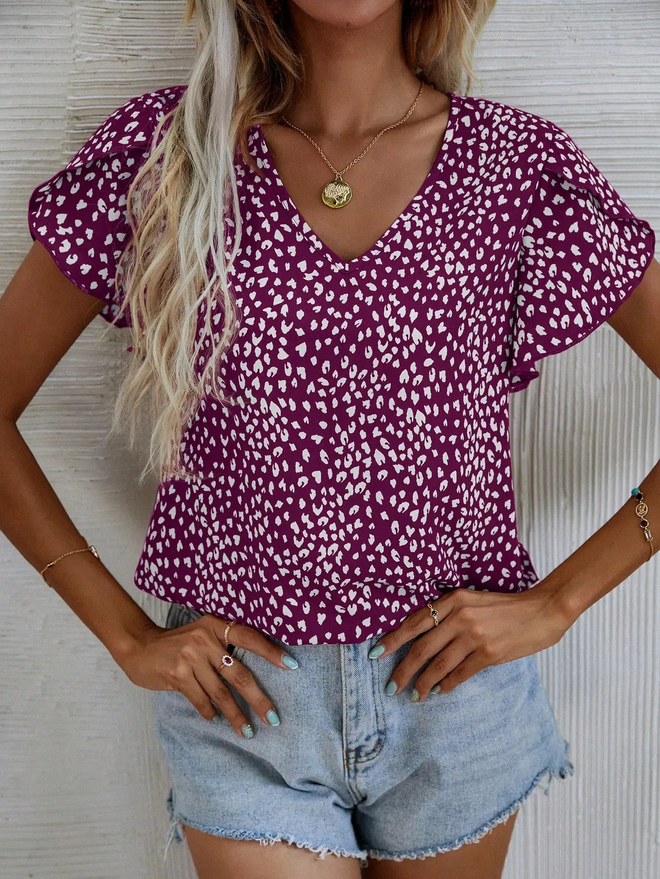 Leopard Print Petal Sleeve V-Neck Blouse Casual Top