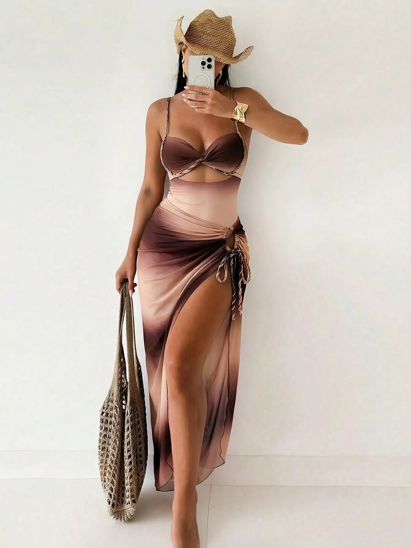 Bonvoyette Summer New Women 2pcs Gradient Strap Tie Side Bikini Set, Halter Top & Beach Skirt