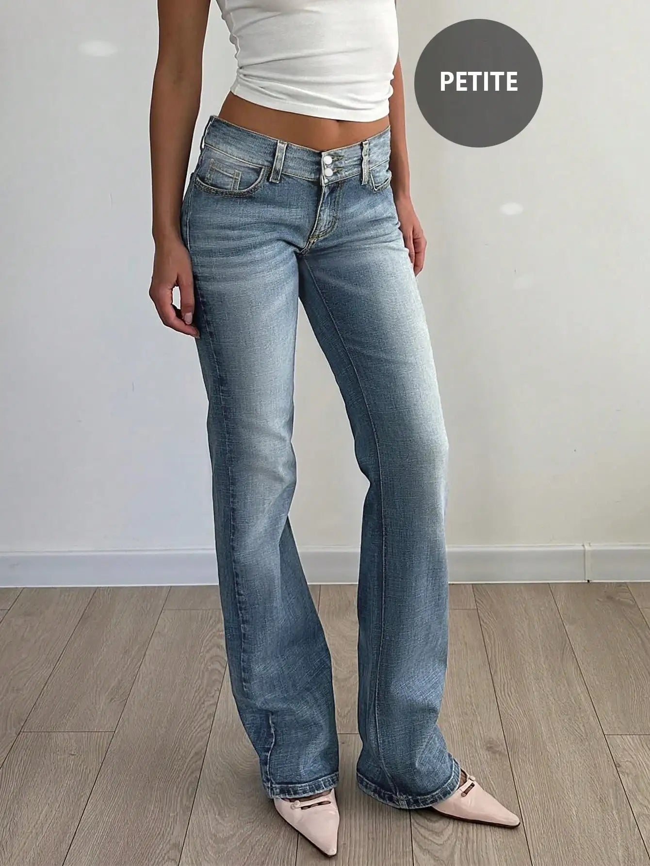 Light Washed Flared Low-Rise Jeans with Button Fly and Pockets