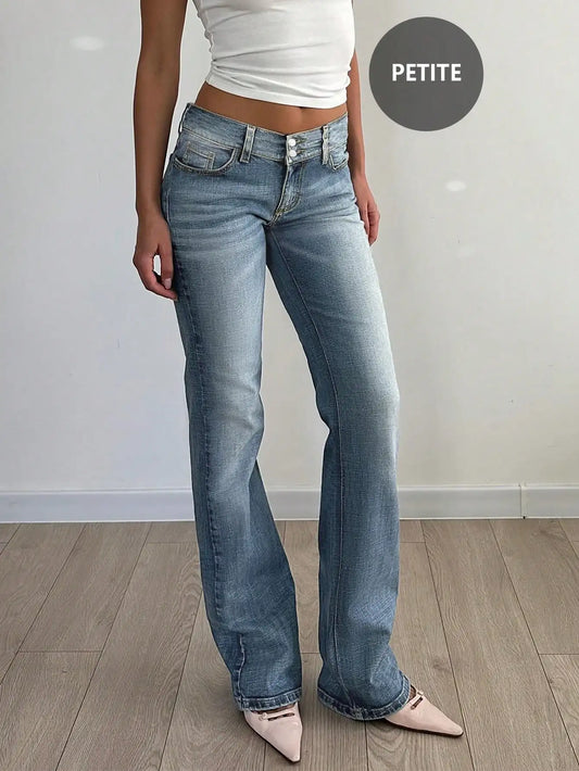 Light Washed Flared Low-Rise Jeans with Button Fly and Pockets