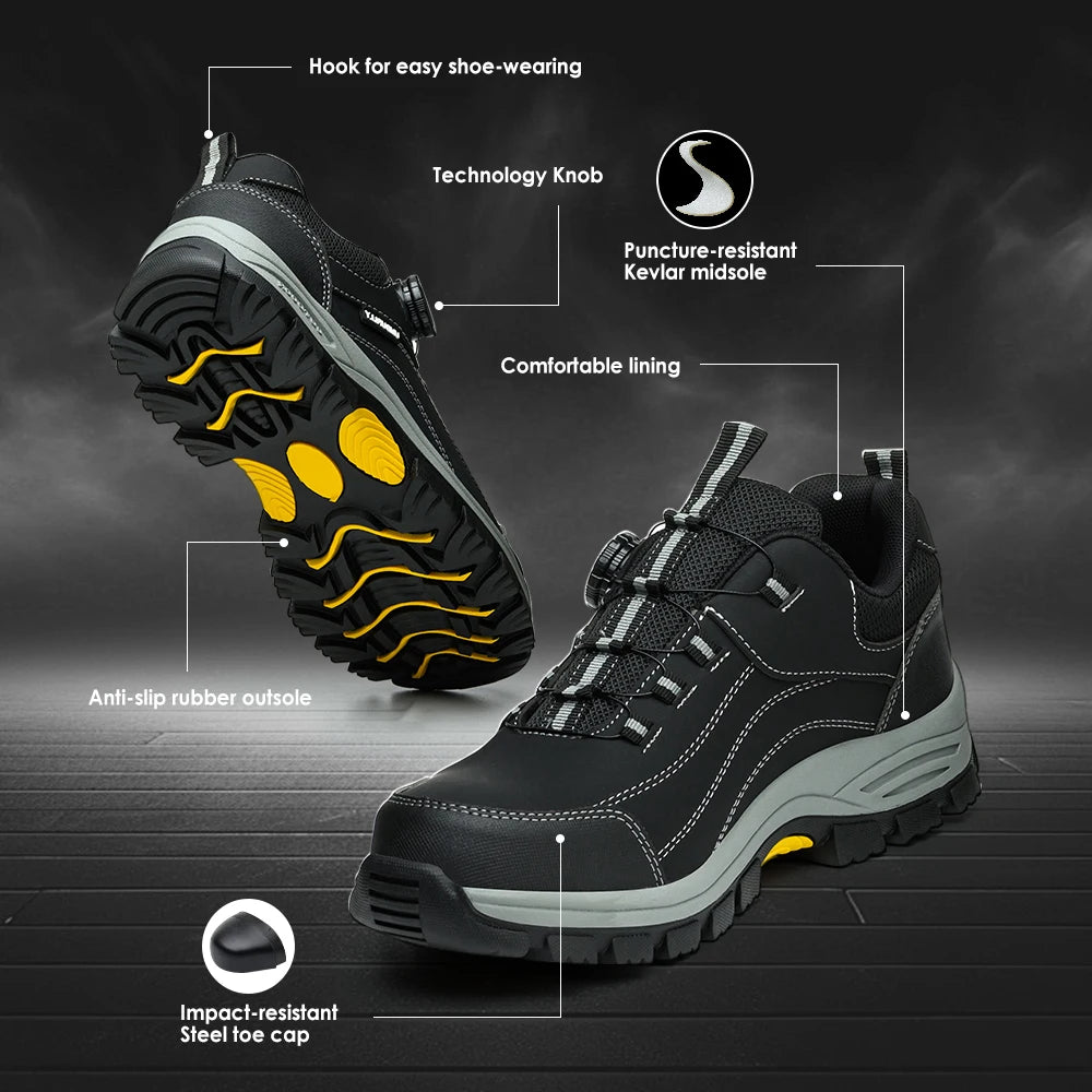 Men's Safety Shoes Anti-Smashing Steel Toe Anti-Puncture Kevlar Button-Up Design Anti-Slip Wear-Resistant for Factory Workshops Warehouses