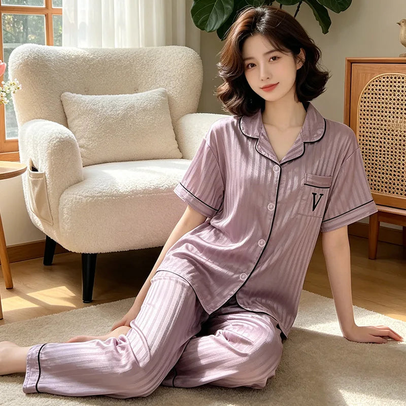 Luxury Letter Print V Neck Ice Silk Pajama Set | Striped Short Sleeve Long Pants Women Summer Nightwear