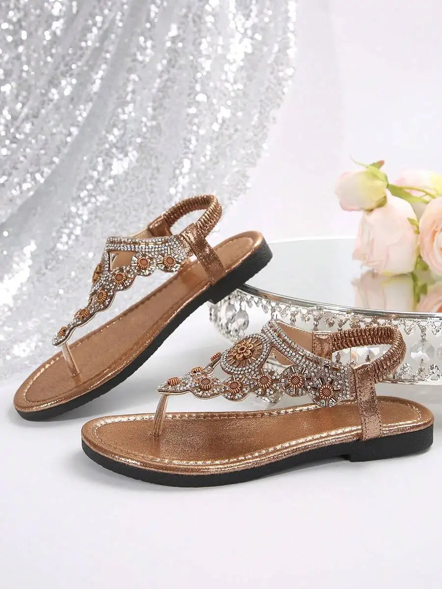 Women Bohemian Flat Sandals With Rhinestone Decoration Open Toe T-Strap Thong Beach Summer Shoes