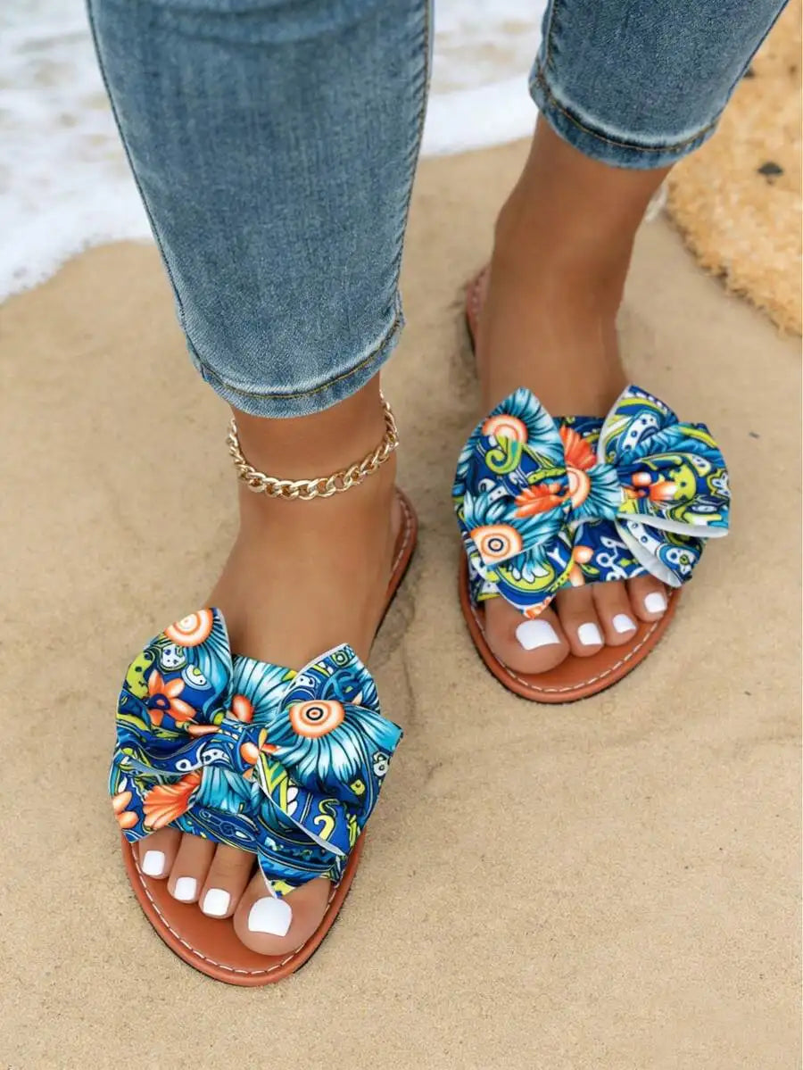 Womens Summer Floral Bow Flat Sandals Bohemian Style Beach Casual Slippers