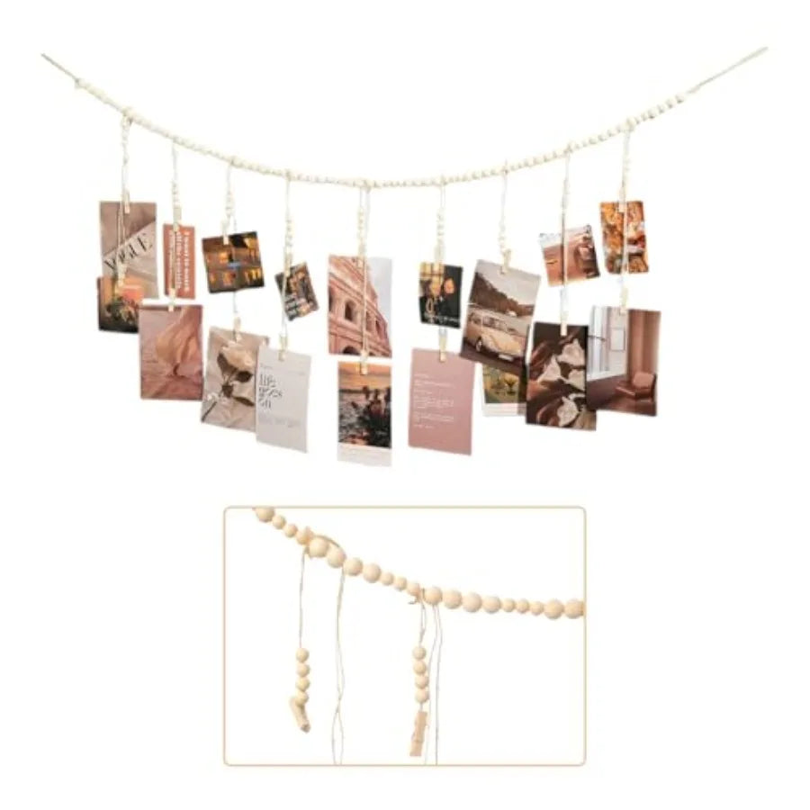 Hanging Photo Display with 18 Wood Clips, Boho Wooden Bead Wall Décor for Bedroom, Living Room, Dorm, Art Picture Display
