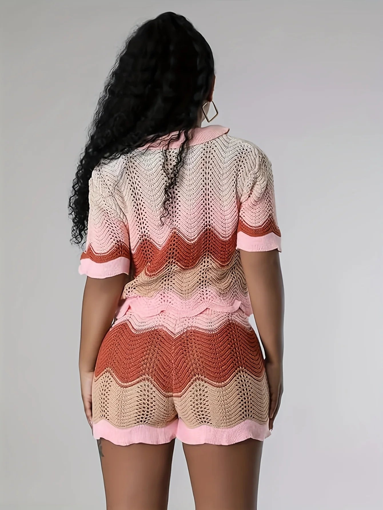 Women's Pink Brown Gradient Knit 2-Piece Set Collared Short Sleeve Top + Drawstring Shorts Boho Vacation Outfit