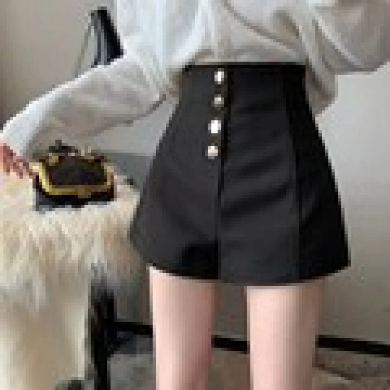 Single Breasted Wide Leg Shorts Solid Classic Slim High Waist Spring Summer Women Daily Casual Hot Pants