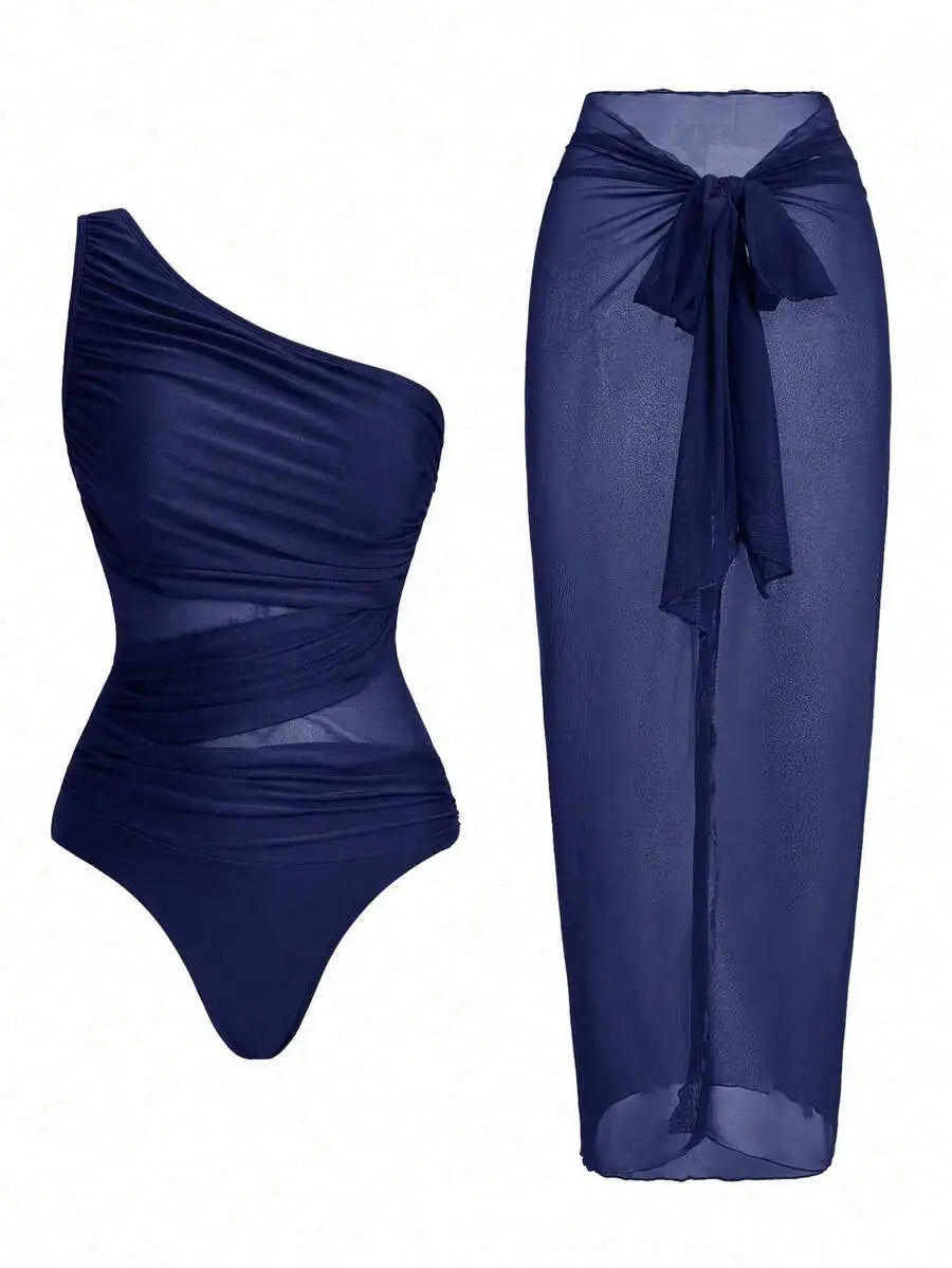 One Piece Ruched Swimsuit With Sarong Cover Up For Women Summer Beach