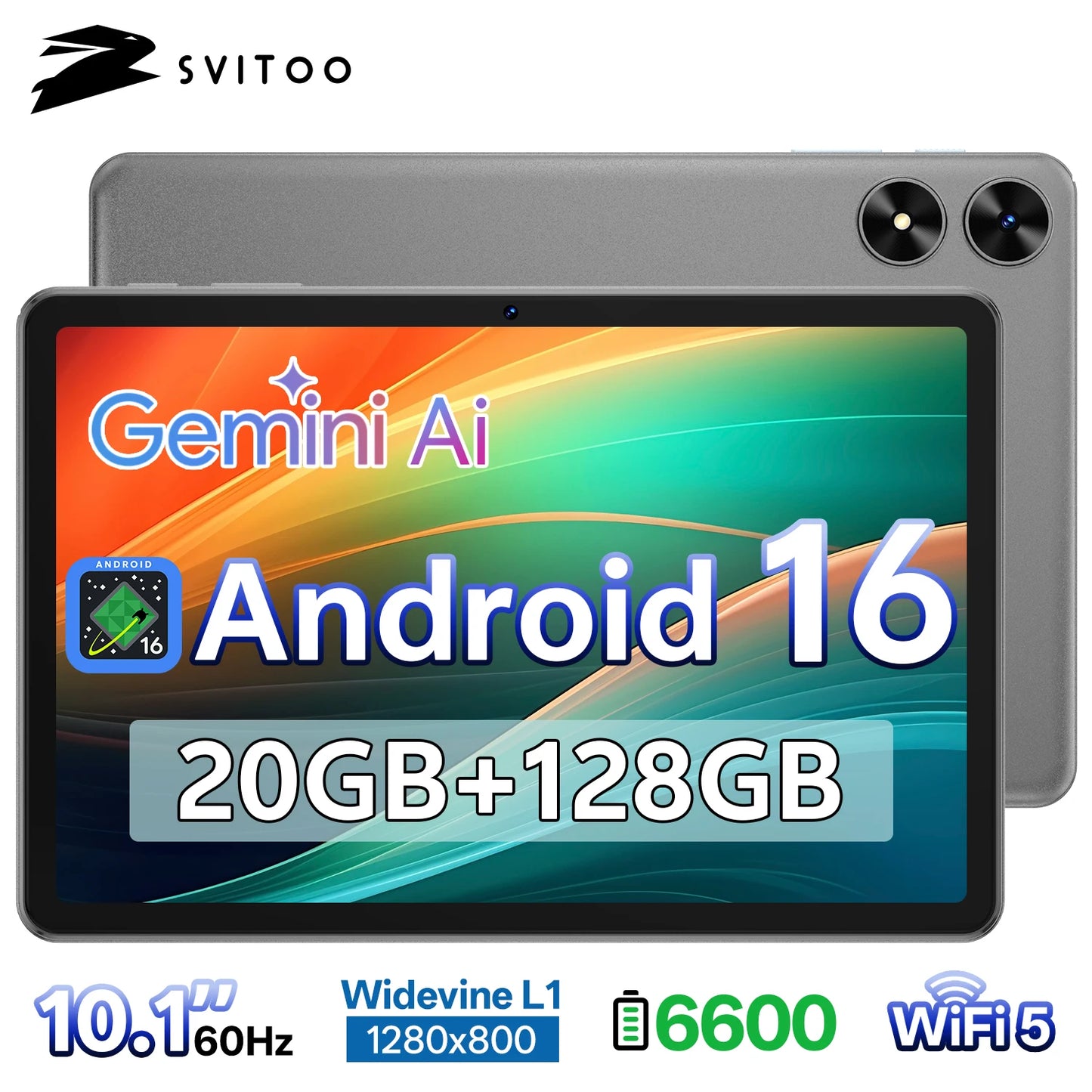SVITOO Tablet 2026 Android 16 10.1 Inch IPS HD Screen Unisoc T7250 Octa-Core Processor 4GB Physical RAM + 16GB Virtual RAM 128GB ROM 1TB Expandable 6600mAh Battery 2.4GHz 5GHz WiFi 5 Bluetooth 5.0 GPS Widevine L1 With Case Ta