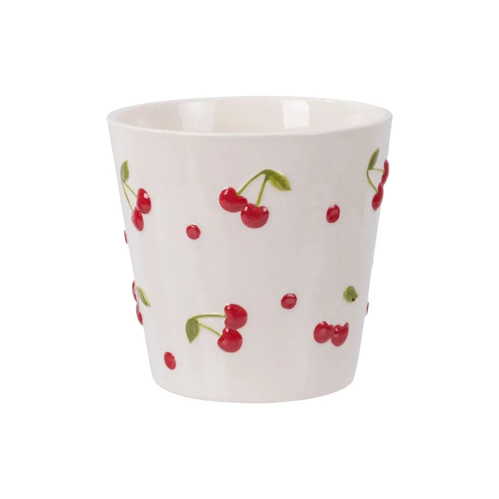 Round Ceramic Cherry Planter Pot for Plants Home Garden Decor Cream Red Flower Pot Handmade Art Pottery Vase with Drainage Hole