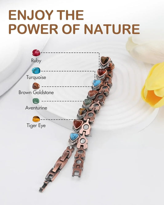 Pure Copper Bracelets for Women, Ultra Strength Magnetic Bracelet with 3800 Gauss Magnets & Natural Turquoise & Stones, Adjustable, Jewelry Gift