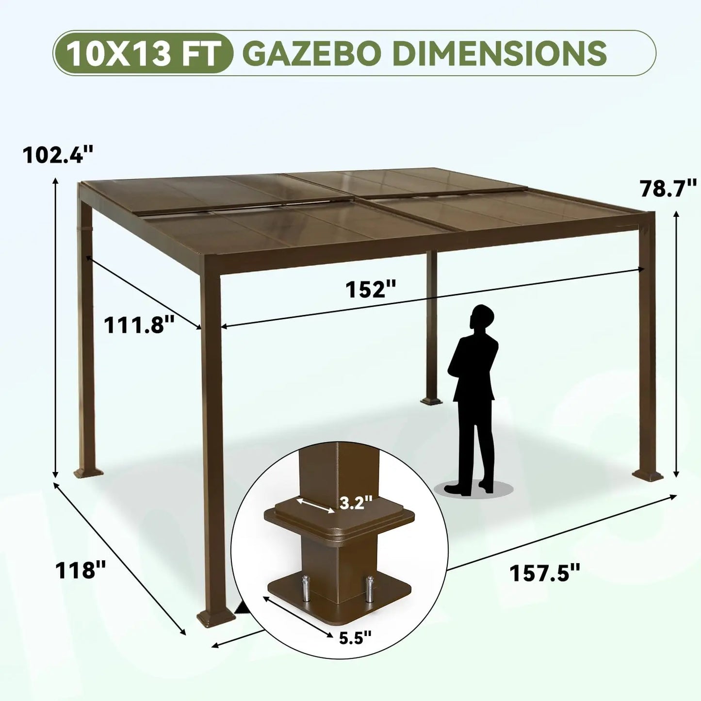 10x13 Adjustable Polycarbonate Roof Aluminum Frame Permanent Pergola for Patio Outdoor Shelter, Custom
